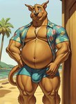 aloha_shirt anthro beach_background big_bulge bottomwear brown_body bulge clothing fur hands_on_hips hotpants looking_at_viewer male musclegut muscular muscular_male nipples outside palm_tree pattern_clothing pattern_shirt pattern_topwear plant shirt shorts smile solo topwear tree aiaicaptain scooby-doo canid canine canis domestic_dog great_dane mammal mastiff molosser