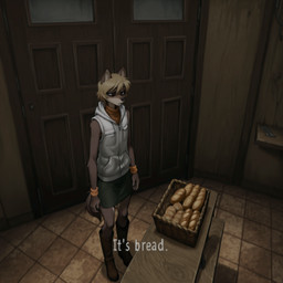 alternate_species blonde_hair boots bottomwear bracelet bread brown_body clothed clothing detailed_background door food footwear fur furrification hair humor inside jewelry skirt solo standing text topwear unknown_director silent_hill heather_mason_(silent_hill) canid canine canis mammal english_text hi_res