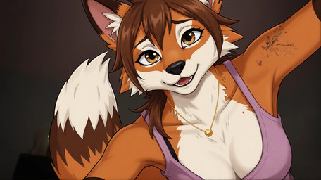 anthro arm_tattoo big_breasts breasts brown_eyes cleavage clothed clothing female jewelry looking_at_viewer necklace solo tattoo j4cktr canid canine fox mammal