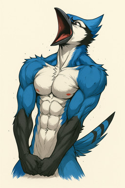 abs anthro athletic athletic_anthro athletic_male beak biceps blue_body blue_feathers feathered_tail feathers flexing male muscular muscular_anthro muscular_arms muscular_male navel nipples nude pecs screaming solo tail_feathers triceps white_body birdovo avian bird blue_jay corvid hybrid jay_(bird) new_world_jay oscine passerine hi_res
