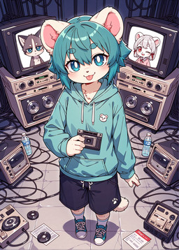 anthro bangs blue_eyes bottomwear clothing computer_monitor electronics eyelashes female fluffy footwear fur grey_body grey_fur hair high-angle_view hoodie inside shoes short_hair shorts sneakers socks solo teal_hair tongue tongue_out topwear water_bottle wire holo_(director) mammal ursid absurd_res detailed hi_res