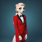 anthro black_tie_(suit) blonde_hair bottomwear bowtie clothing eyelashes eyeliner eyeshadow female fluffy fluffy_tail hair inner_ear_fluff jacket long_eyelashes long_hair looking_at_viewer makeup pants realistic red_bottomwear red_clothing red_eyes red_jacket red_pants red_topwear simple_background smile solo suit topwear tuft whiskers ilmpbx charlie_morningstar domestic_ferret mammal mustela mustelid musteline true_musteline hi_res