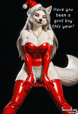 anthro bdsm bodily_fluids caption christmas_clothing christmas_headwear christmas_theme clothing corset dark_background dominant dominant_female female frostveil fur genital_fluids genitals gloves hair handwear hat headgear headwear jewelry latex latex_clothing latex_gloves latex_legwear latex_pants latex_stockings lingerie long_hair necklace pussy pussy_juice pussy_juice_string santa_hat silver_hair smug solo topwear white_body white_fur whisterb-art helen_(disambiguation) arctic_fox canid canine fox mammal absurd_res hi_res