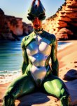 anthro beach eyewear female flat_chested green_body jewelry looking_at_viewer navel nude salarian_(mass_effect) seaside sitting solo spread_legs spreading sunglasses marcus64 mass_effect alien hi_res