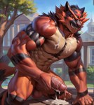 abs angry anthro balls bodily_fluids cum cum_on_body cum_on_penis edit generation_7_pokemon genital_fluids genitals hi_res incineroar male muscular muscular_anthro muscular_male navel nintendo penis pokemon pokemon_(species) riseflux saggy_balls solo stable_diffusion