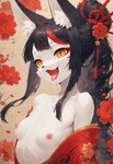 accessory anthro asian_clothing black_hair bodily_fluids breasts chinese_clothing clothing east_asian_clothing eyeliner fangs female floral_background flower flower_in_hair flower_petals fur hair hair_accessory high_res highlights_(coloring) inner_ear_fluff japanese_clothing kimono looking_at_viewer makeup nipples open_mouth petals plant ponytail pupils red_highlights saliva simple_background slim slit_pupils small_breasts smile solo tongue tuft vulpine white_body white_fur yellow_eyes redactedpaws canid canine fox mammal absurd_res hi_res red_theme