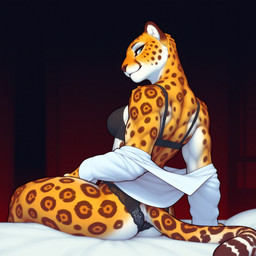 anthro back_muscles bed black_clothing blue_eyes bra brown_body brown_fur clothing female fur furniture inner_ear_fluff lace_panties looking_at_viewer looking_back looking_back_at_viewer round_ears shirt simple_background sitting solo spots spotted_body spotted_fur topwear tuft underwear whisker_spots white_body white_clothing white_fur yellow_body yellow_fur zaddha felid jaguar mammal pantherine hi_res