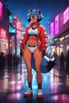 anthro blue_hair bra brand_new_animal camel_toe clothing female fluffy fluffy_tail hair male male/female panties public solo sports_bra standing underwear white_bra white_clothing white_panties white_underwear michiru_kagemori canid canine mammal raccoon_dog tanuki hi_res