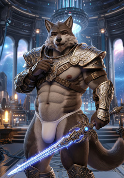 anthro armor boots briefs clothing footwear galactic looking_at_viewer male melee_weapon muscular muscular_anthro muscular_male nipples pecs plasma smile solo space standing sword underwear weapon sweet_husbando canid canine canis mammal wolf absurd_res hi_res