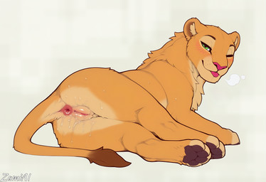 animal_genitalia animal_pussy anus blep blush bodily_fluids breath butt feline_pussy female feral genital_fluids genitals looking_at_viewer looking_back looking_back_at_viewer lying on_side one_eye_closed pawpads pussy pussy_juice quadruped simple_background smile solo sweat sweaty_butt tongue tongue_out wink zamiai the_lion_king nala_(the_lion_king) felid feline lion mammal pantherine absurd_res hi_res