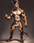 animal_genitalia anthro athletic balls black_nipples brown_body brown_fur canid canine canis digitigrade ear_piercing fully_sheathed fur genitals hi_res hyaenid hybrid jackal long_ears male mammal mohawk nipple_piercing nipples piercing rayden sheath simple_background sinner_(rayden) solo spots spotted_body spotted_fur tail_aside tan_body tan_fur veiny_arm white_eyes