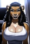 anthro bedroom_eyes black_hair black_lips breasts brown_eyes cleavage clothed clothing curled_hair ear_piercing ear_ring eyeshadow female hair large_breasts lips looking_at_viewer makeup mature_female narrowed_eyes piercing ring_piercing seductive shirt smile solo tank_top thick_bottom_lip topwear majorfluffy_(director) felid lion mammal pantherine hi_res