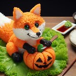 canid canine food fox fruit green_eyes icefoxai jack-o'-lantern knife lettuce mammal plant pumpkin rice vegetable