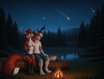 amazing_background amber_eyes anthro bottomwear breasts campfire claws clothed clothed_male clothing detailed_background digitalloh duo embrace female fluffy fluffy_tail forest fur gesture gloves_(marking) green_eyes grey_body grey_fur hair hug lake leg_markings looking_up male male/female markings night nipples outside plant pointing red_body red_fur red_hair shooting_star shorts sitting sky smile socks_(marking) star topless topless_female tree tuft canid canine canis fox mammal wolf hi_res