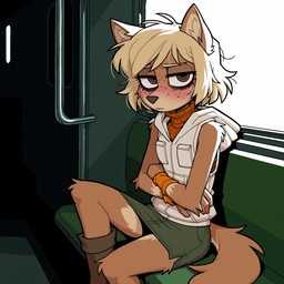 anthro arms_crossed blonde_hair boots bottomwear brown_eyes clothing female footwear hair light light_brown_fur orange_clothing sitting sitting_on_bench skirt solo subway subway_car tired tired_expression tired_eyes topwear vest white_clothing anonymous_director heather_mason_(silent_hill) canid canine fox mammal hi_res