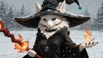 amulet anthro black_claws black_clothing black_collar black_robe blue_eyes blue_sclera breasts claws clothed clothing collar ears_through_headwear elemental_manipulation female fire fire_manipulation fluffy fully_clothed fur hat headgear headwear holding_object holding_weapon looking_at_viewer magic magic_user monotone_body monotone_fur mythology neck_tuft outside plant robe snow snowing solo spell staff tree tuft weapon white_body white_fur witch_hat wizard_hat wooden_staff scalesai luna_(scalesai) dragon furred_dragon mythological_creature mythological_scalie scalie hi_res