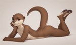 anthro athletic athletic_female breasts brown_body brown_fur butt feet female fur looking_at_viewer lying nipples nude on_front pawpads paws pinup pose purple_eyes raised_tail seductive simple_background small_breasts smile solo michelaingelo lutrine mammal mustelid musteline hi_res