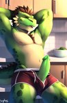 anthro argonian clothing erection genitals hi_res humanoid male morning_wood penis pup_tobey scalie solo stretching underwear