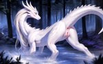 anus dragon female feral forest genitals hi_res looking_back outdoors partially_submerged plant pussy scales scalie solo tree white_body white_scales wingless_dragon