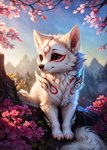 amaterasu_(okami) ambiguous_gender canid canine cherry_blossom chibi chilon249 closed_smile feral flower front_view fur hi_res mammal mountains outside plant red_body red_fur solo white_body white_fur