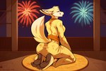 anthro barefoot breasts canid canine clothing feet female fireworks fox fur inner_ear_fluff kemono kimota kneeling mammal medium_breasts night night_sky raised_tail rug solo tuft window yellow_body yellow_clothing yellow_fur