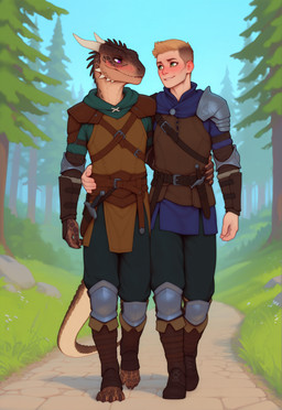 4_toes 5_fingers anthro belt blonde_hair blue_clothing blush boots brown_body brown_claws brown_scales cape claws clothing detailed_background duo feet fingers footwear green_clothing green_eyes hair hand_on_hip hand_on_partner harness horn human_on_anthro interspecies leather leather_clothing looking_at_another looking_at_partner male male/male medieval_armor medieval_clothing melee_weapon multicolored_clothing nature nature_background outside path plant plantigrade purple_eyes scales short_hair shoulder_armor side_by_side smile sword tan_body tan_scales toes tree undercut walking weapon white_horn adragocult argonian human mammal scalie absurd_res hi_res