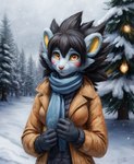 5_fingers anthro attempted_signature black_mane blue_body blue_fur blush breasts cheek_tuft clothed clothing eyebrows eyelashes facial_tuft felid female fingers forest fully_clothed fur generation_4_pokemon gloves hair half-length_portrait hands handwear hi_res jacket leafypeachy_(director) looking_at_viewer luxray mammal mane medium_breasts pink_nose plant pokemon_(species) portrait scarf snow snow_on_ground solo spiky_hair topwear tree tuft winter yellow_eyes