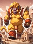 absurd_res anthro ape armor baby_vegeta barazoku boots building_destruction city cityscape clothing empty_eyes fauxhawk fist footwear foreskin gauntlets genitals gloves gorilla handwear haplorhine hi_res humanoid_genitalia humanoid_penis long_muzzle looking_at_viewer macro male mammal monkey_tail navel nipples oozaru partially_retracted_foreskin penis prick_ears primate red_eyes shoulder_armor slightly_chubby solo sunset thick_arms thick_thighs walking zeid_(director)