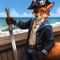 5_fingers anthro belly belt black_nose blue_clothing bottomwear brown_arms brown_body brown_fur buckle bulge claws clothed clothing cloud countershading day detailed_background eye_patch eyewear finger_claws fingers fluffy fluffy_tail front_view fur grin hat headgear headwear holding_melee_weapon holding_object holding_sword holding_weapon inner_ear_fluff jacket jewelry looking_at_viewer male melee_weapon necklace open_clothing open_shirt open_topwear orange_body orange_eyes orange_fur outside pants pawpads paws pendant pirate pirate_hat sailor_uniform sea ship shirt skull_and_crossbones sky smile smiling_at_viewer solo standing sword tail tan_belly tan_body teeth topwear tuft vehicle water watercraft wave weapon whisker_spots whiskers scoutr scout_the_fox canid canine fox mammal red_fox true_fox 1:1 alternate_version_at_source half-length_portrait hi_res portrait