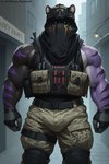 anthro armor black_sclera black_stripes blue_eyes bottomwear call-of-duty camo clothing dark_body dark_fur eyebrows fur hair konig male manly mask muscular muscular_anthro muscular_arms muscular_legs muscular_male night pants purple_body purple_fur solo standing street stripes tank-top white_eyebrows white_hair mugen_kuuhakuai mugen_kuuhaku felid mammal pantherine tiger hi_res portrait