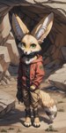 absurd_res anthro big_ears black_claws blp bottomwear canid canine cave_entrance cel_shading chest_tuft claws clothing collar desert digitigrade fennec fox fur green_eyes hi_res holding_object hoodie looking_at_viewer male mammal pants shaded smile solo standing tan_body tan_fur topwear tuft viewed_from_above white_body white_fur