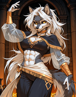 abs anthro armor black_sclera bracers capelet clothing crop_top female grey_body hair harem_outfit sash shirt solo topwear translucent translucent_clothing white_hair yellow_eyes djar17 canid canine canis mammal wolf absurd_res hi_res