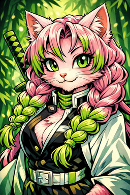 anthro bamboo bamboo_forest belt braided_hair breasts eyelashes female forest fur green_eyes green_hair hair inner_ear_fluff katana long_hair melee_weapon multicolored_hair neck_tuft pink_body pink_fur pink_hair plant scarf smile smiling_at_viewer solo sword tree tuft weapon demon_slayer mitsuri_kanroji felid feline mammal hi_res