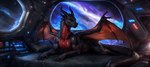 bed bedroom_eyes black_body black_scales claws dragon female feral furniture hi_res looking_at_viewer lying membrane_(anatomy) membranous_wings muscular muscular_female narrowed_eyes nude on_back on_bed red_body red_scales scales scalie seductive smile solo space spread_legs spreading wings