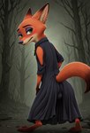 anthro blush butt clothing disney ear_piercing fur gown green_eyes looking_at_viewer looking_back male piercing plant presenting raised_tail smile smiling_at_viewer solo zootopia angry_puppy nick_wilde canid canine fox mammal hi_res