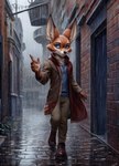 alley anthro blue_eyes canid city city_background clothed clothing ears_up fur junothewoofer looking_at_viewer male mammal multicolored_body multicolored_fur raining smile solo two_tone_body two_tone_fur vulpera