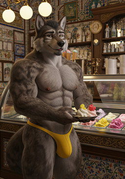abs anthro black_claws black_nose brown_body brown_fur bulge claws clothing dessert food fur ice_cream lamp looking_at_viewer male muscular muscular_anthro muscular_male nipples pecs standing thong underwear sweet_husbando canid canine canis mammal wolf absurd_res hi_res