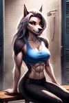 abs anthro biceps canid canid_demon demon female fur hellapoc hellhound locker_room loona_(helluva_boss) mammal shower_room sitting_on_bench slim solo sweating triceps veiny_arms veiny_biceps