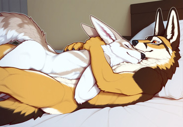 anthro athletic bed big_butt brown_body butt cuddling duo embrace eyes_closed fur furniture happy hug lying male male/male nuzzling on_back on_bed orange_eyes pillow tan_body tan_fur white_body wholesome_content auykac canid canine canis jackal mammal hi_res
