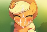 <3 <3_eyes after_fellatio after_oral after_sex animal_ears blonde_hair blush bodily_fluids clothing cum cum_in_hair cum_in_mouth cum_inside cum_on_face drinking drinking_cum eyelashes female feral genital_fluids green_eyes hair hat headgear headwear looking_at_viewer solo swallowing stressedout friendship_is_magic my_little_pony applejack_(mlp)