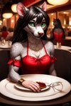 annette anthro black_hair bottomwear clothing female food fur green_eyes grey_body grey_fur hair hellapoc mammal mouse murid murine night no_sleeves_blouse red_clothing restaurant rodent skirt solo young_adult