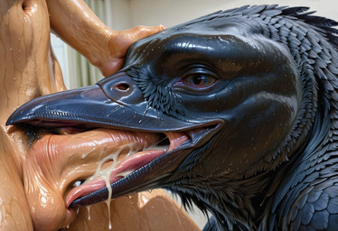 ambiguous_gender bodily_fluids cum dripping duo feathers fellatio feral feral_vortex genital_fluids genitals licking male male/male oral penile penis realistic sex skinny smile sucking sweat tongue tongue_out wet avian bird corvid humanoid oscine passerine