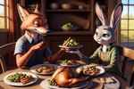 anthro ariesai avian bird canid canine dining_room dinner duo female food fox galliform holidays judy_hopps lagomorph leporid male male/female mammal nick_wilde phasianid rabbit thanksgiving turkey wholesome_content zootopia