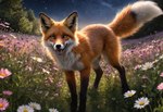 amber_eyes ambiguous_gender black_lips black_nose black_paws fangs feral flower flower_field fur lips looking_at_viewer orange_body orange_fur plant sky solo star starry_sky tongue whiskers white_body white_fur white_tail_tip tenko canid canine fox mammal red_fox hi_res