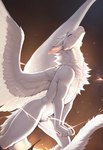 anthro crotch_tuft enjoying eyes_closed feathered_wings feathers fur looking_up magic male mythology nude solo sparks stretching tail tasteful_nudity tuft white_body wings drachenviech dragon furred_dragon mythological_creature mythological_scalie scalie absurd_res hi_res