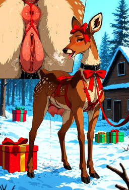 animal_genitalia animal_pussy anus big_breasts bodily_fluids bow_ribbon breasts brown_body brown_fur butt cervine_genitalia cervine_pussy christmas dripping female feral fur genital_fluids genitals looking_at_viewer looking_back nipples plant presenting presenting_hindquarters presenting_pussy pussy scut_tail short_tail solo tongue tree diddlier cervid cervine mammal absurd_res hi_res