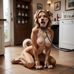 anthro blue_eyes breasts brown_body brown_fur collar collar_only female floppy_ears fur leash nude open_mouth paws petplay roleplay sitting_on_ground solo solo_focus transformation xerox3 canid canine canis domestic_dog mammal tail