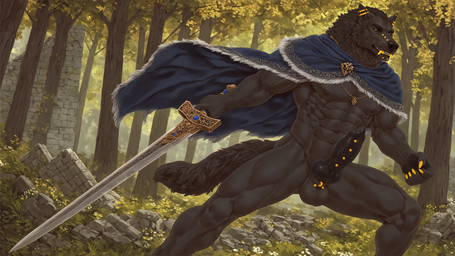 abs animal_genitalia animal_penis anthro balls biceps black_body black_fur black_lips black_nose black_pawpads black_sclera canine_genitalia canine_penis cape claws clothing day ear_piercing fighting_pose forest fur genital_piercing genitals gold_piercing holding_object holding_sword holding_weapon jewelry knot lips male melee_weapon muscular muscular_anthro muscular_male navel necklace nipples obliques pawpads pecs penis penis_piercing piercing plant pose quadriceps solo sword tree vein veiny_arms veiny_biceps veiny_forearms veiny_knot veiny_muscles veiny_penis veiny_thighs weapon bumblebee95 cynfall_northcote_(cynfall) canid canine canis mammal wolf hi_res