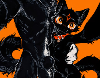 animal_genitalia balls black_body black_fur black_sheath body_hair breasts claws collar collar_only collar_tag crotch_tuft duo embrace faceless_character faceless_male facial_markings facial_tuft female fully_sheathed fur genitals head_markings hug larger_male looking_at_viewer male male/female markings muscular muscular_male nipples nude orange_background orange_eyes pubes selfie sheath simple_background size_difference small_breasts smaller_female smile tail tuft white_body white_fur anotheranon cookie_(anotheranon) canid canine canis domestic_cat felid feline felis mammal wolf absurd_res hi_res