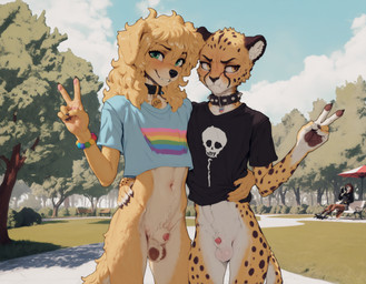 animal_genitalia animal_penis anthro balls biped blush bottomless bottomless_anthro bottomless_male bracelet canine_genitalia canine_penis casual_exposure claws clothed clothing collar countershading crop_top detailed_background duo duo_focus ear_piercing exhibitionism femboy flaccid fully_sheathed fur genitals gesture green_eyes group hair jewelry lgbt_pride looking_at_viewer male male/male male_anthro markings navel nude outdoor_nudity outside park pawpads penis penis_tip piercing plant pride_colors public public_exposure public_nudity rainbow_pride_colors sheath shirt shirt_only slim smile spiked_collar spikes spots spotted_body spotted_fur standing t-shirt tail topwear topwear_only tree tuft v_sign white_body yellow_body yellow_fur anotheranon canid canine canis cheetah domestic_dog felid feline mammal absurd_res hi_res